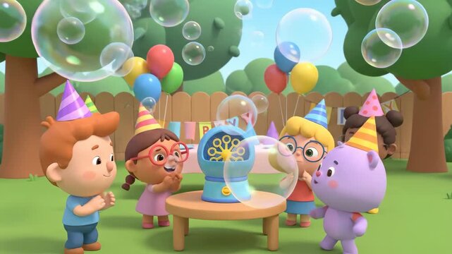 Group of smiling children and cartoon characters wearing party hats and celebrating a cheerful birthday in a garden, with balloons and a bubble machine creating large bubbles