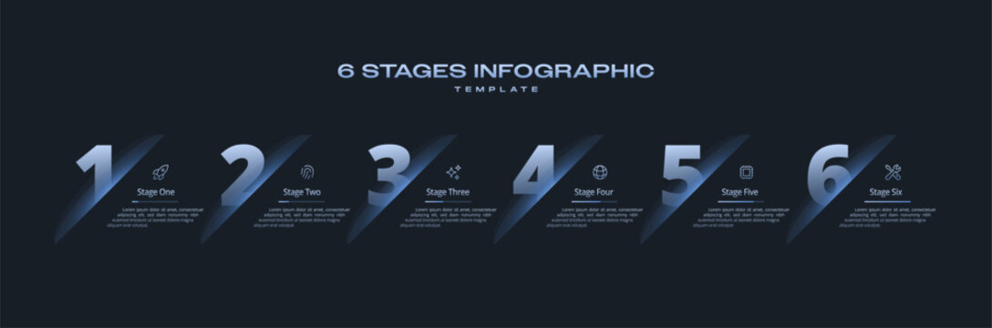 Dark Tech Vector Infographic Design with 6 Options or Steps, Minimal Icon and Number Layout, Black Theme diagram info, and Bar Progress Visualization