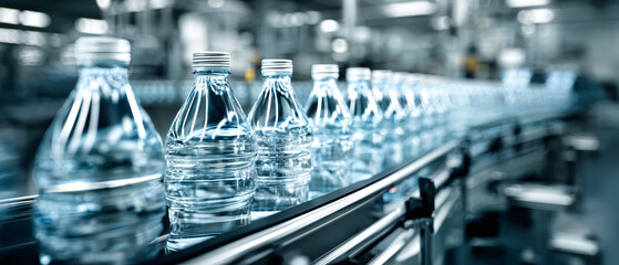 Mineral water bottles glide along a sleek conveyor belt in a bright, modern factory, highlighting a clean and efficient production line