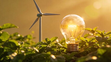 Light bulb and wind turbine in greenery