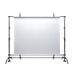Empty Projection Screen Mounted on Metal Stand in Dark Room
