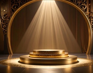 Golden stage with spotlight and ornate arch, casting dramatic shadows
