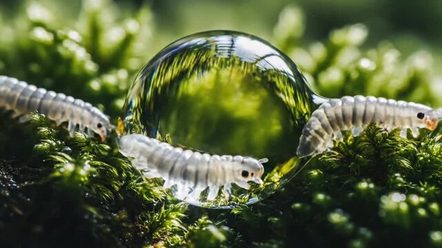 Tiny Woodlice and Dew Drop on Mossy Forest Floor - Macro Nature Photography