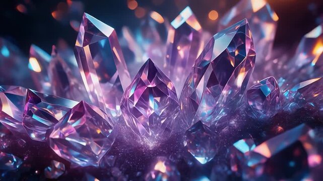 Vibrant Crystal Formation with Iridescent Colors and Light Reflections.