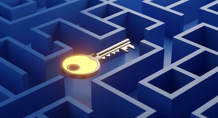 Golden key in a blue 3 D maze with glowing light