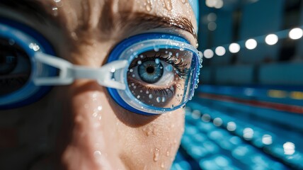 Intense, close-up shot of a swimmer's determined gaze looking through water-droplet-covered goggles. Focus, competition, and athleticism