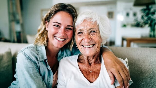 Warm candid portrait of young woman hugging her smiling grandmother at home showing affection trust generational connection emotional support and tender family relationship in everyday life