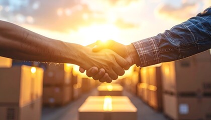 Two hands clasp in a deal against a sunset over stacked boxes