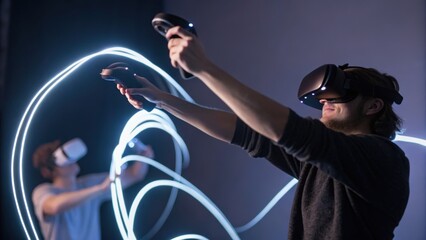 Two individuals engaged in virtual reality, using controllers to interact with digital elements in a dynamic environment.