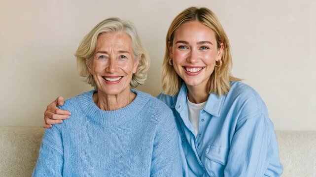 Bright studio portrait of two smiling women from different generations standing together expressing confidence elegance connection and positive modern people lifestyle