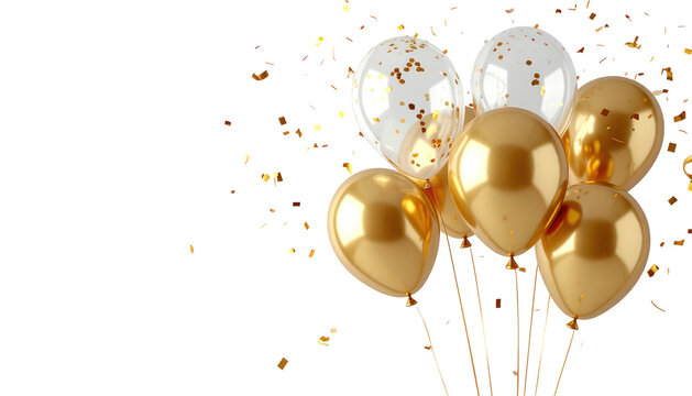 Group of gold balloons with clear confetti against a dark backdrop
