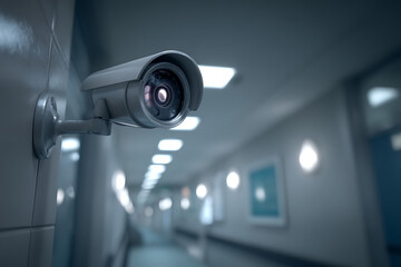 Cctv security camera monitoring long hallway