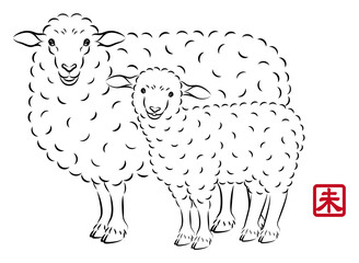 優しい目をした美しい羊の親子のイラスト 墨絵風でお洒落な未年の年賀状素材 ベクター