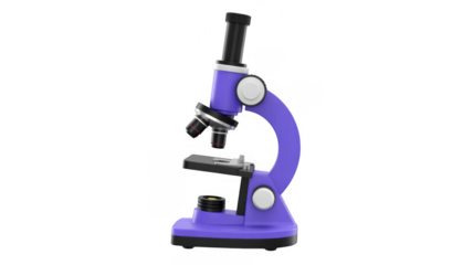 Purple microscope with black accents and white circles laboratory isolated on a transparent background