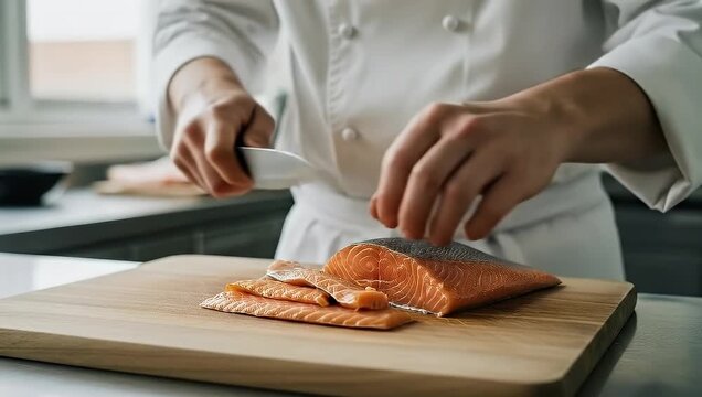 Chef Slicing Fresh Salmon Fillet on Wooden Board in Professional Kitchen