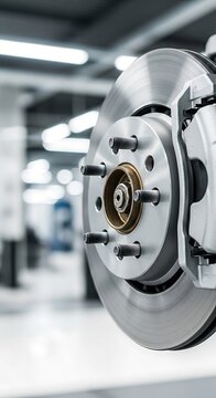 Closeup of a car brake disc and caliper in a workshop