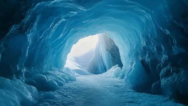 Frozen Ice Cave with Bright Entrance and Snowy Pathway.