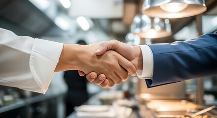 Chefs shaking hands in a commercial kitchen, sealing a deal or partnership amidst cooking equipment and professional atmosphere.