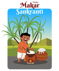 Indian Festival Happy Makar Sankranti Poster Design Vector Illustration Featuring Traditional Character, Pongal Pot and Sugarcane Symbolizing Harvest, Joy and Cultural Celebration