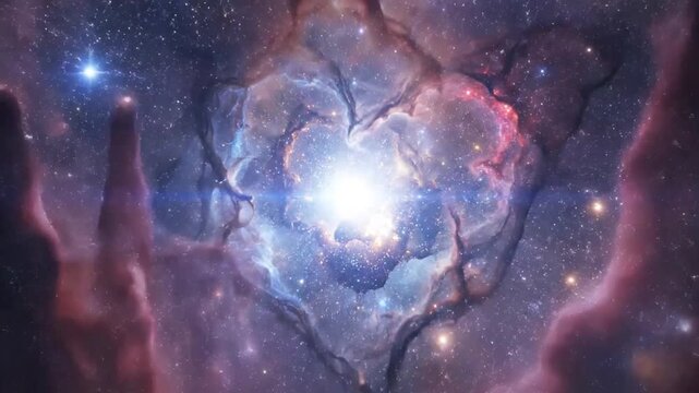 Cosmic heart shaped nebula with vibrant colors and stardust against dark night sky background