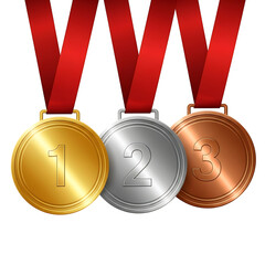 Three Shiny Medals Gold Silver Bronze With Red Ribbons Rank Order