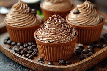 Rustic dessert presentation: mocha mousse with coffee garnish