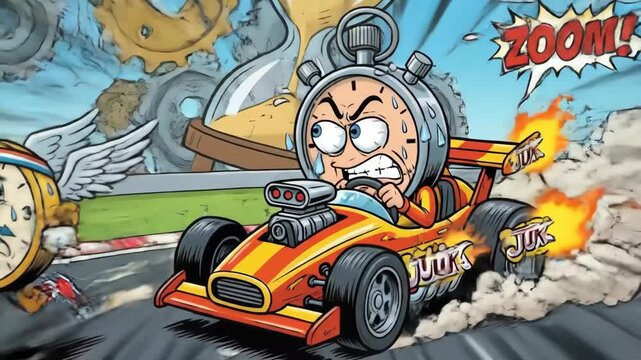 Cartoon stopwatch character driving a race car at high speed, chasing a flying alarm clock while an hourglass symbolizes passing time, creating a sense of urgency and deadline pressure