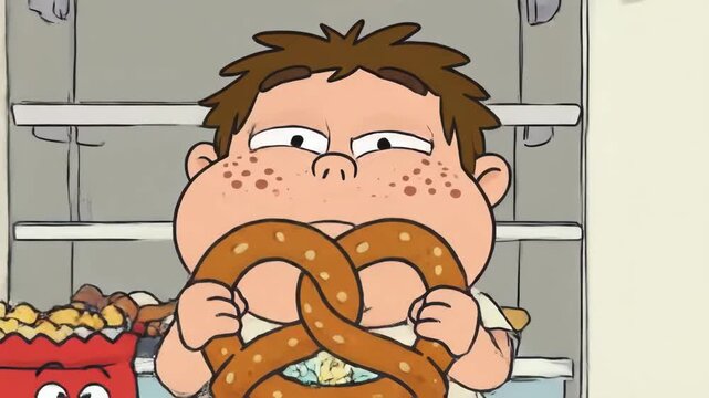 Man gluttonously consuming large amounts of unhealthy snacks from a messy refrigerator, illustrating concepts of binge eating, poor diet, and addiction to fast food in a humorous kitchen setting