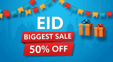 Eid biggest sale 50 percent off colorful banner with presents and flags