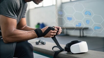 A man prepares to use virtual reality equipment, focusing on health-related graphics displayed in a modern fitness environment.