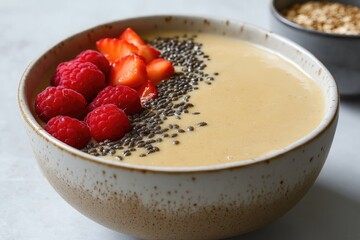 Smoothie bowl with fresh fruit and seeds on wooden table