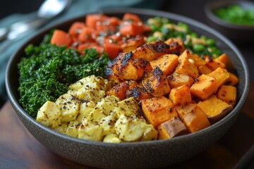 Nutritious plant-based power bowl with sweet potatoes and kale