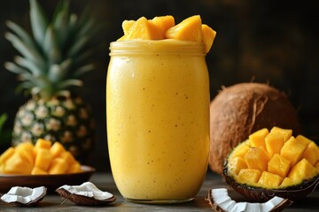 Layered mango pineapple coconut smoothie in a glass jar