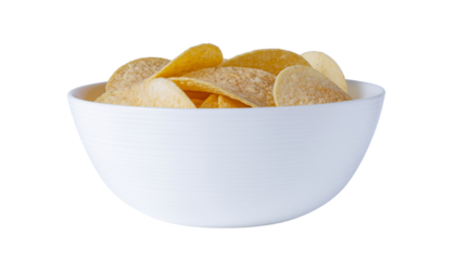 Banana chips in a white bowl crispy and sweet snack for healthy eating Isolated on a neutral background with png background