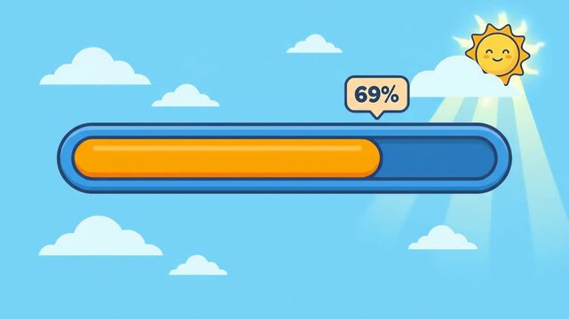 Horizontal progress bar indicating 75 percent completion, set against a bright blue sky with fluffy white clouds and a smiling sun, symbolizing successful loading or a positive achievement