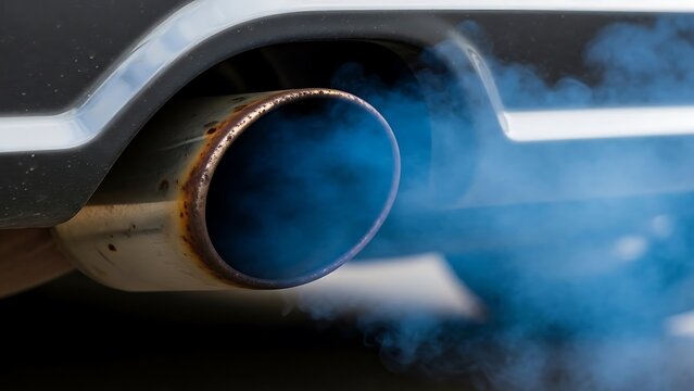 Closeup of car exhaust pipe emitting blue smoke against blue sky