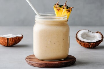 Tropical pineapple coconut smoothie in a glass jar