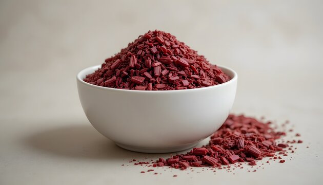 Pile of vivid red sumac spice, a popular tangy condiment, overflowing from a white ceramic bowl. beet pulp