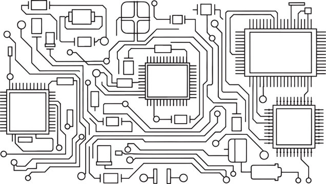 Black and white sketched electronic circuit board with multiple microchips technology schematic