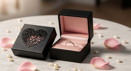 A luxurious diamond ring presented in an elegant black jewelry box with a heart design on the lid, surrounded by rose petals and pearls on a white marble surface.