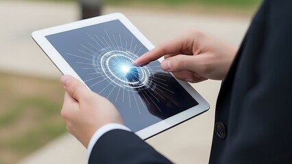 Person in a suit using a tablet with a glowing circular interface outdoors