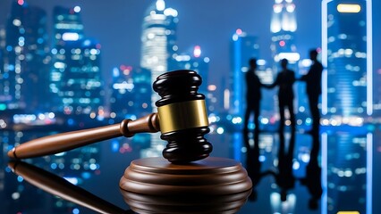 Wooden gavel with golden on reflective surface with cityscape and business silhouettes