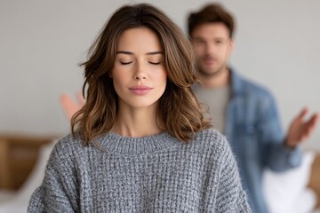 Caucasian young female calm amidst disagreement with caucasian adult male in casual setting