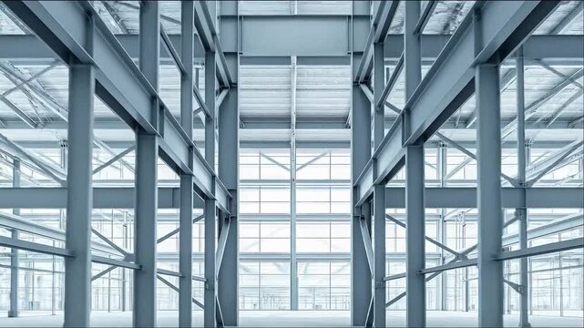 Modern Architecture: Interior View of Steel Frame Building with Large Windows and Metal Ceiling, Emphasizing Geometry and Industrial Design