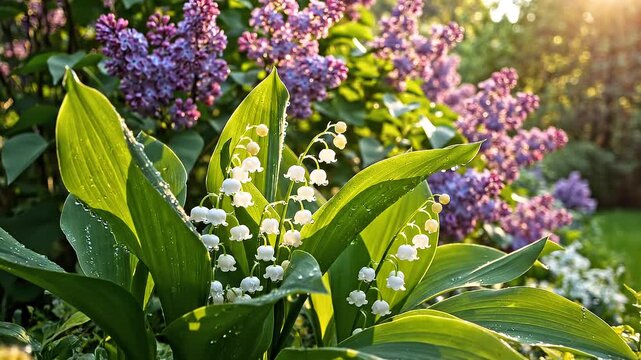 Enchanting Spring Garden: Lilies of the Valley and Lilacs in Golden Sunlight