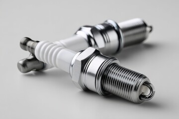 Close-up of automotive spark plugs on gray background