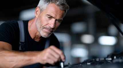 Mature caucasian male mechanic inspecting car engine in workshop