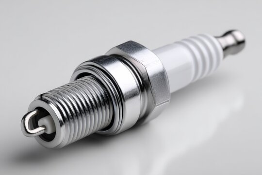Close-up of new automotive spark plug on white background