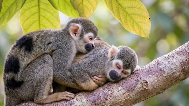 Two squirrel monkeys are sleeping on a tree branch, nestled together. Another monkey is faintly visible in the background.