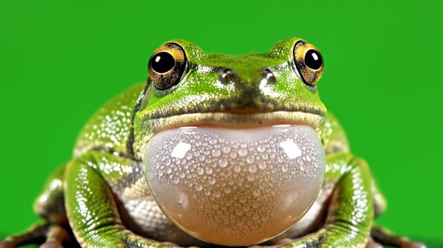 A green frog with its mouth wide open, against a verdant background. The frog's eyes are focused and captivating, its swollen throat conveying a sound
